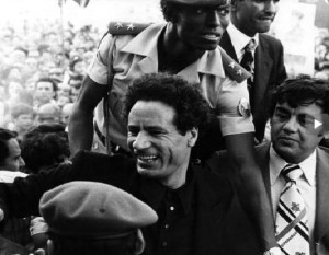 Lorry Sant (right) with Muammar Gaddafi at a Labour Party mass meeting in the 1970s.