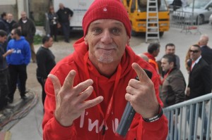 Joe Tanti, a radio DJ popular in the early 1990s, in top-to-toe red at Labour's mass meeting. If he's in, then...