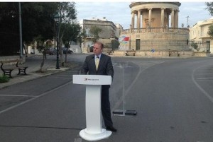 Joseph Muscat and his podium in Hal Lija this morning