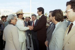 Sceberras Trigona absolutely adored and admired Muammar Gaddafi. Here he is, welcoming him a Luqa airport with Lino Spiteri (centre) and Karmenu Vella (far right)