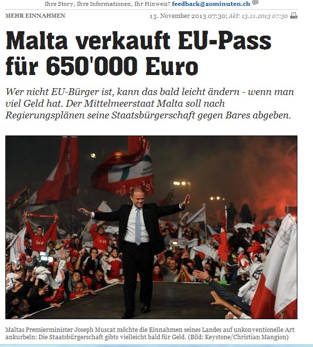 20 Minuten/Switzerland: 'Malta sells EU passports for 650,000 euros'. And just look at the picture they've chosen.
