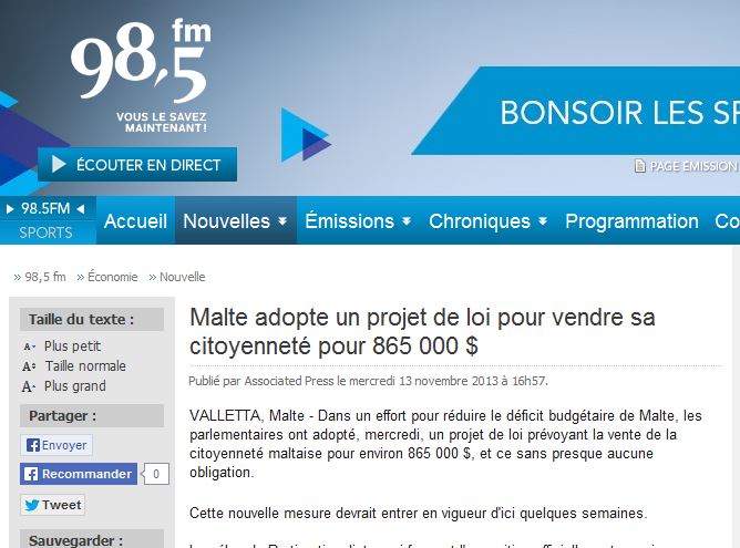 98.5FM/Canada/French: 'Malta legislates to sell its citizenship for $865,000'