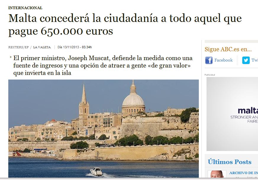 ABC/Spain: 'Malta grants citizenship to anyone who pays 650,000 euros'