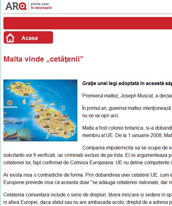 ARO/Romania: 'Malta sells citizenship'