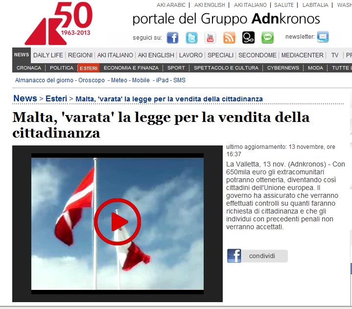 Adnkronos Portal/Italy: 'Malta launches its law for the sale of citizenship'