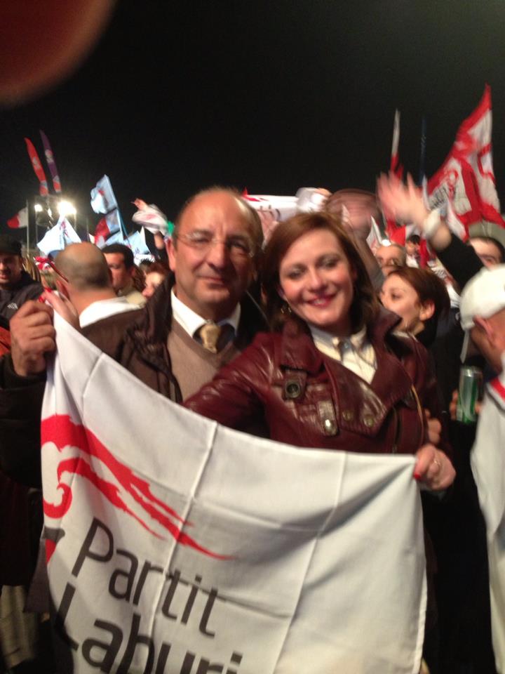 Amanda Mifsud and Michael Farrugia celebrating the Labour victory in March 2013