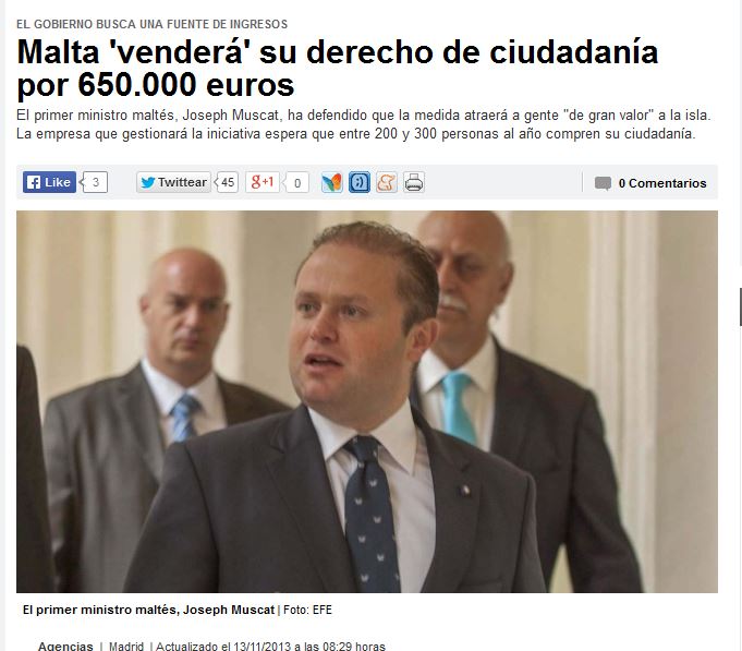 Antena/Spain: 'The government is looking for a fountain of revenue: Malta sells its citizenship rights for 650,000 euros'