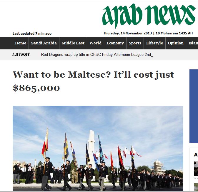 Arab News: 'Want to be Maltese? It'll cost just $865,000.'