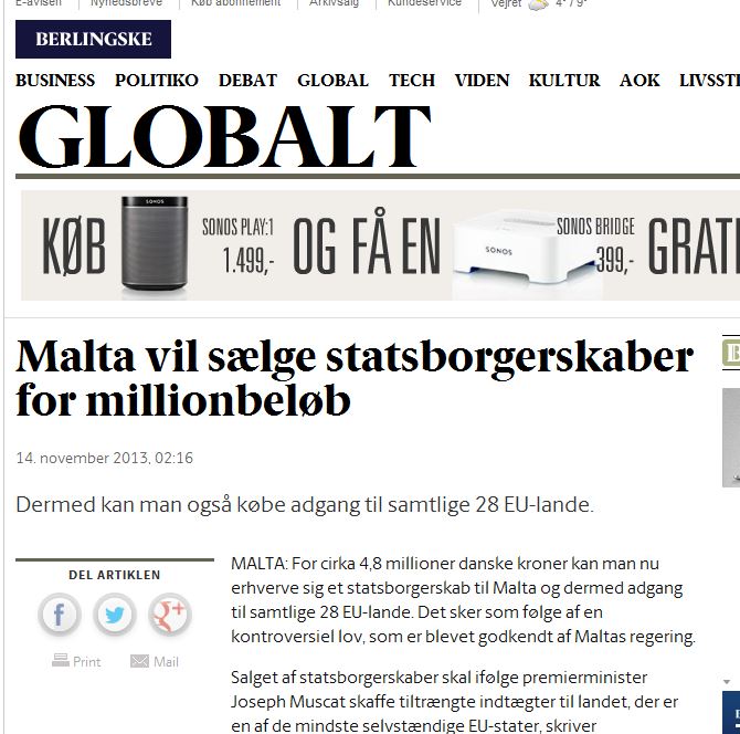 Berlingske/Denmark: 'Malta will sell citizenship for millions'