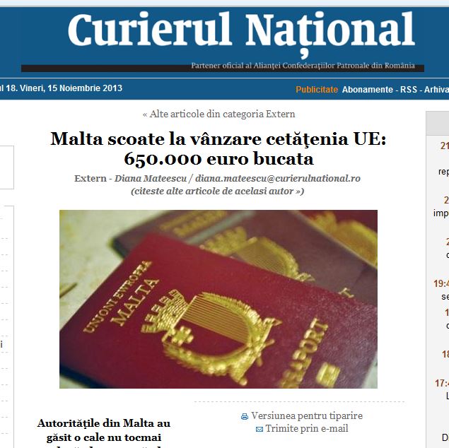 Curierul Nacional/Romania: 'Malta offers citizenship for sale at 650,000 a piece'