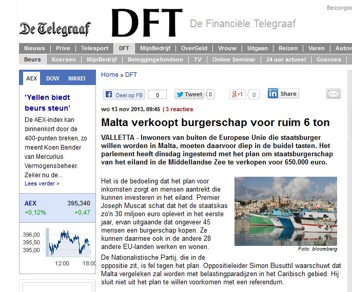 De Telegraaf/The Netherlands: this is dated 13 November, but wasn't included earlier 'Malta sells citizenship for more than 600,000 euros'