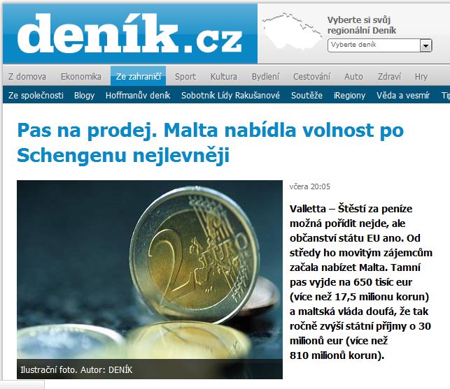 Denik/Czech Republic: 'Passports for sale: Malta offers cheap entry into the Schengen Zone' - illustrated with a two-euro coin