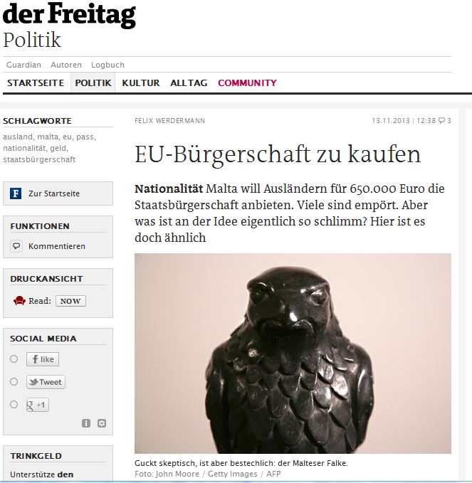 Der Freitag/Germany: 'EU citizenship for purchase - Malta is selling its citizenship for 650,000 euros'. It is illustrated with a sculpture titled The Maltese Falcon.