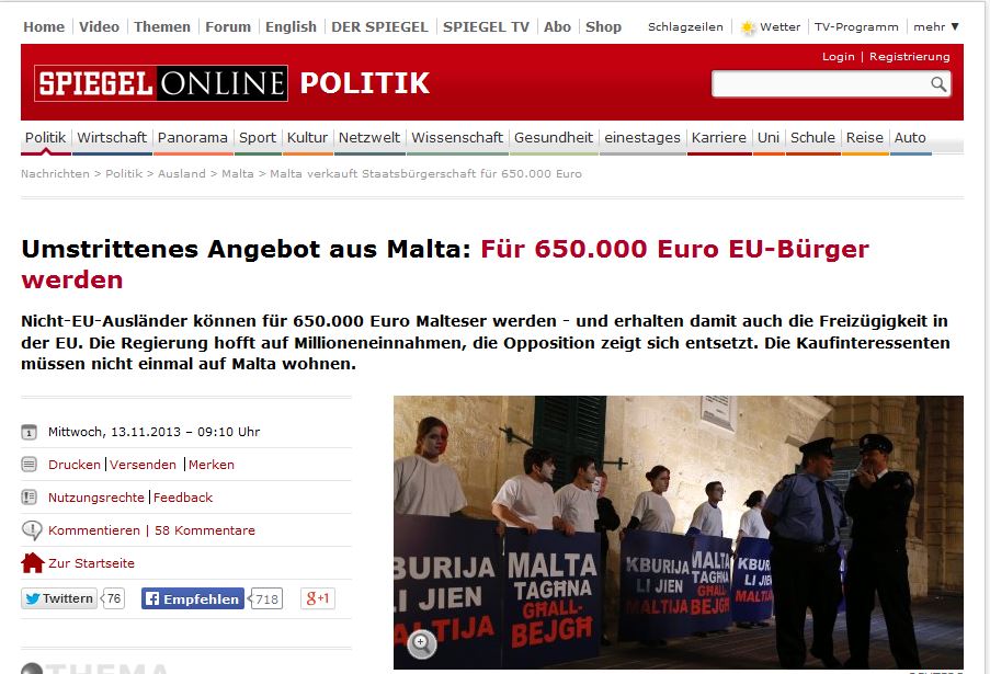 Der Spiegel/Germany's most respected and influential news magazine: 'Controversial offer from Malta:become an EU citizen for 650,000 euros'