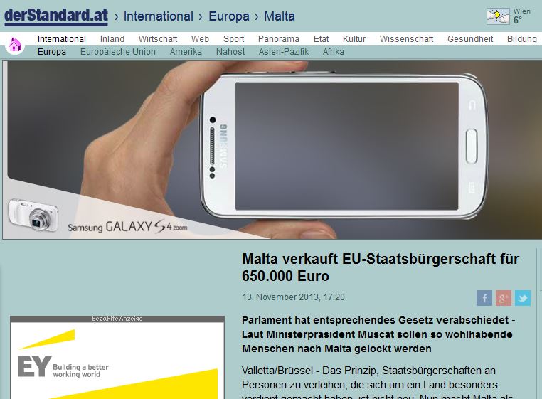 Der Standard/Austria: 'Malta sells EU citizenship for 650,000 euros'