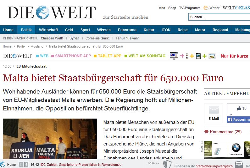 Die Welt/Germany: 'Malta offers citizenship for 650,000 euros'