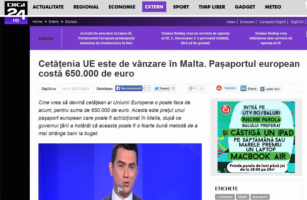Digi 24/Romania's national news network: 'European citizenship sold in Malta. A European passport costs 650,000 euros'