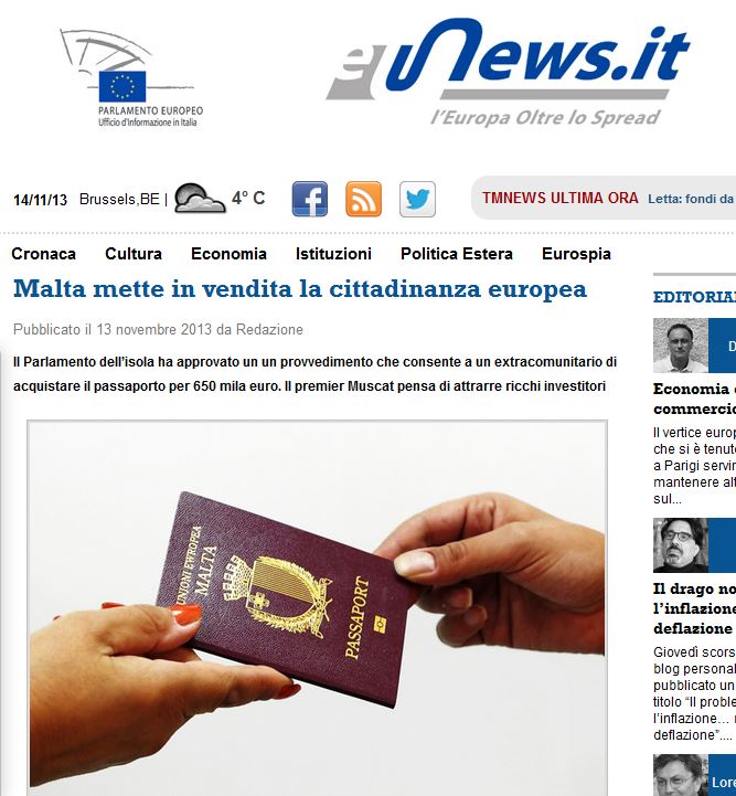 EU News/Italy: 'Malta puts EU citizenship on sale'