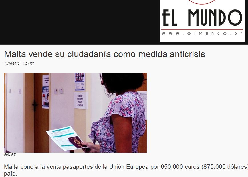 El Mundo/Peru: 'Malta sells its nationality as an anti-crisis remedy'