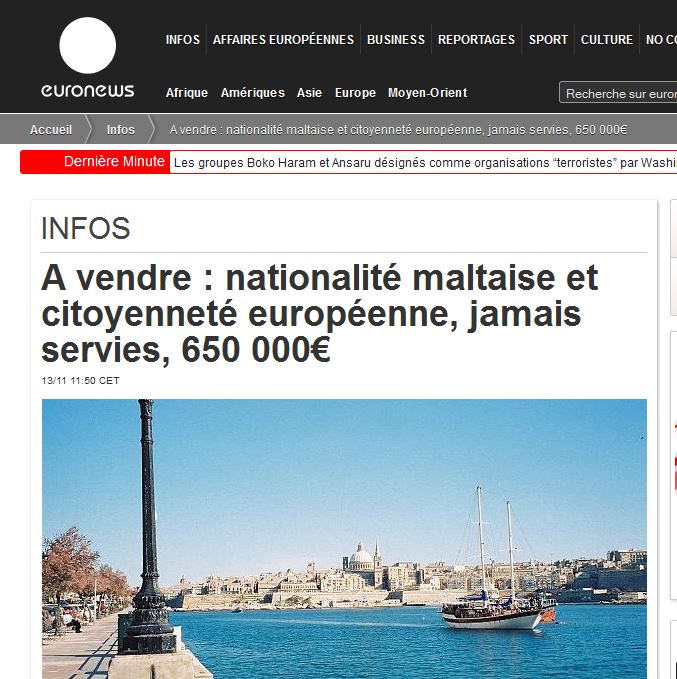 Euronews French edition: 'FOR SALE: MALTESE NATIONALITY AND EU CITIZENSHIP, NEVER USED, FOR 650,000 EUROS'