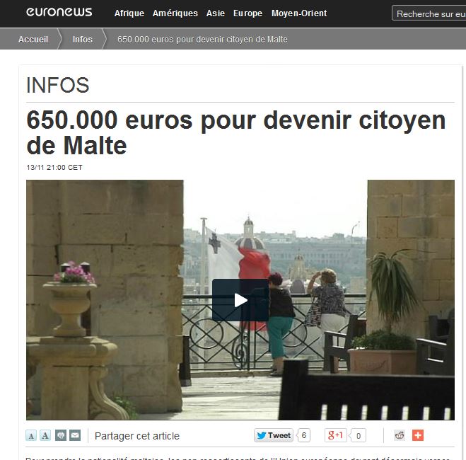 Euronews/France: '650,000 euros to become a citizen of Malta'