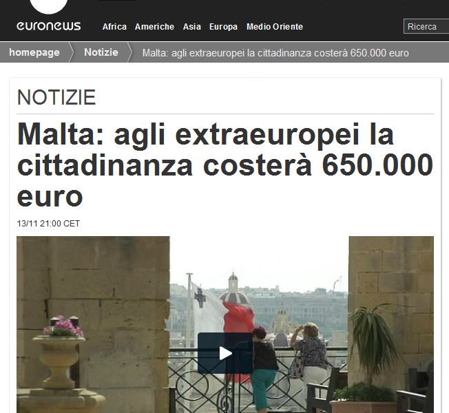 Euronews/Italy: 'Malta: for non-EU citizens, citizenship costs 650,000 euros'
