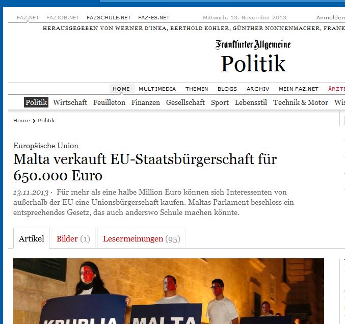 Frankfurter Allgemeine: 'Malta sells EU citizenship for Eur650,000'