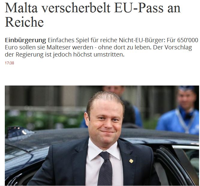 Handelszeitung, Switzerland - the headline translates literally as 'Malta flogs EU passes to the rich'