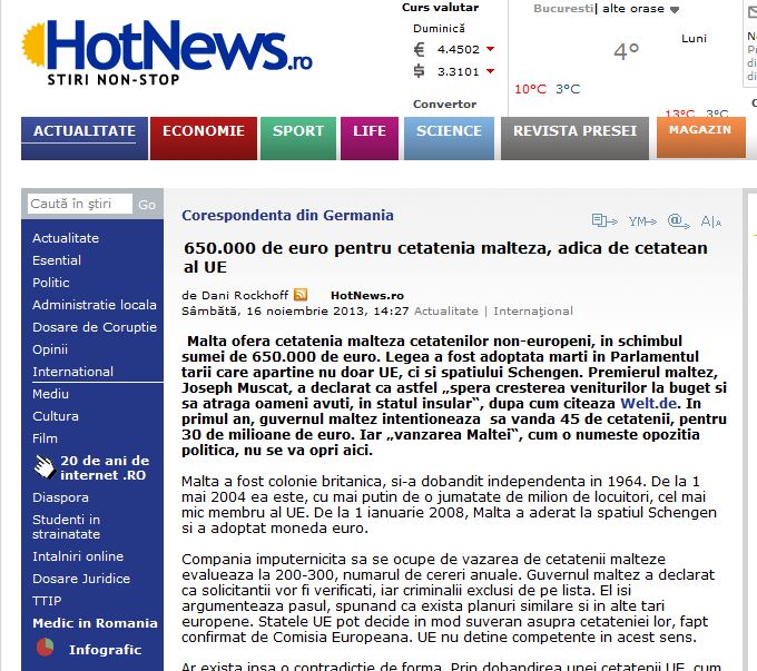 Hot News/Romania: 'You can become a Maltese citizen for 650,000 euros, and that means a citizen of the European Union'