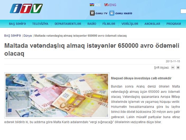 ITV/Azerbaijan: "Malta charges 650,000 euros for its citizenship.'