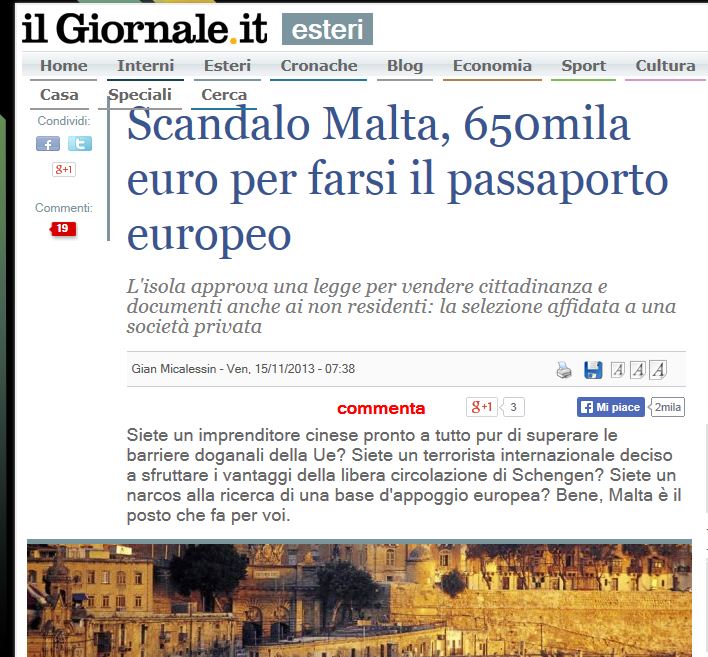 Il Giornale/Italy: 'THE MALTA SCANDAL - 650,000 EUROS FOR A EUROPEAN PASSPORT'