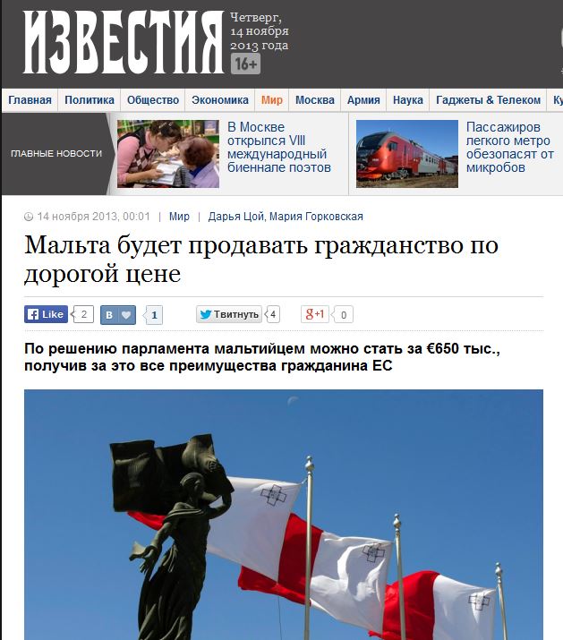 Izvestia/Russia: 'Malta will sell EU citizenship for a high price'
