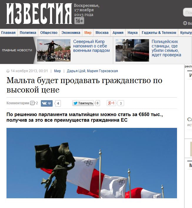 Izvestia/Russia: 'Malta will sell citizenship to the highest bidder'