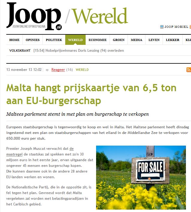 Joop/The Netherlands: 'Malta hangs a price-tag of 650,000 euros on EU citizenship'