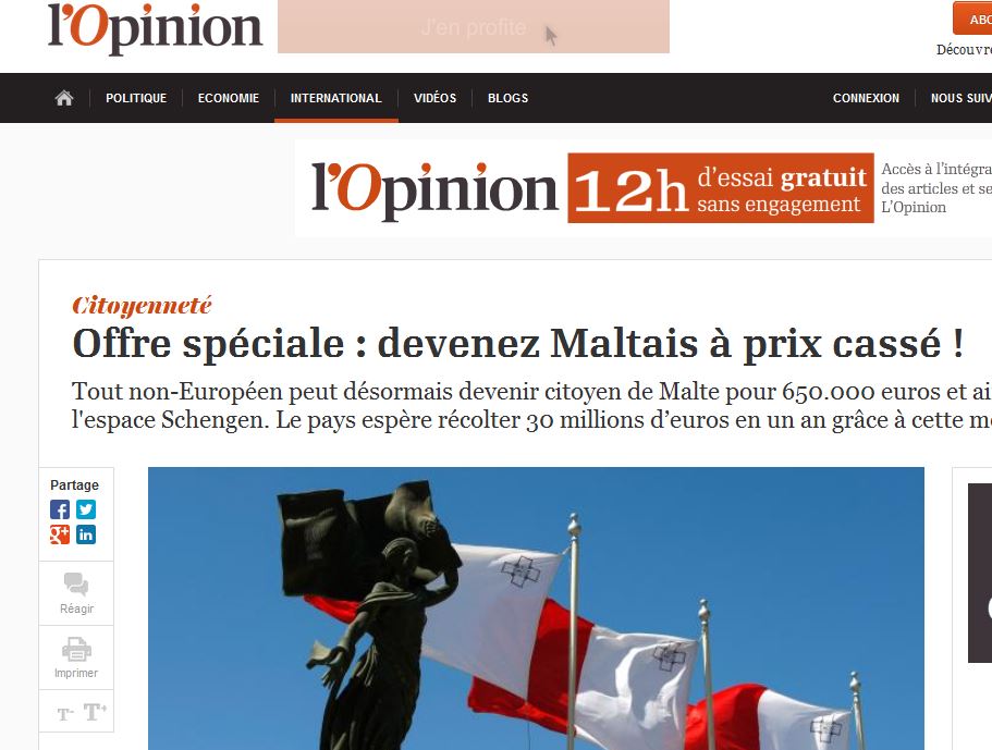 L'Opinion/France: 'SPECIAL OFFER: Become Maltese at a rock-bottom price.'