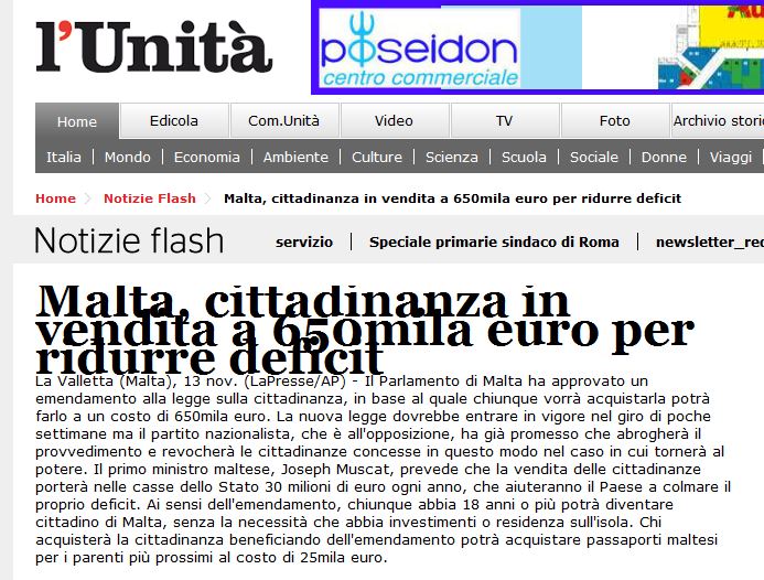 L'Unita/Italy: 'Malta - citizenship on sale for 650,000 euros to reduce the deficit'