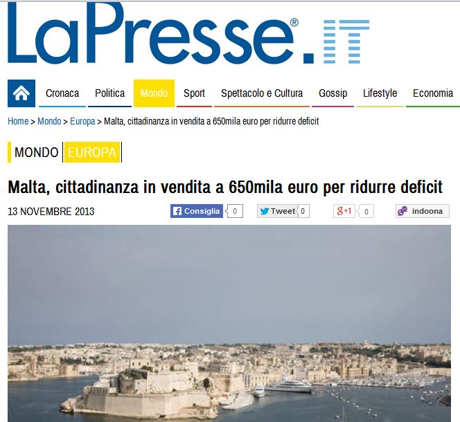 La Presse/italy: 'Malta - citizenship on sale for 650,000 euros to reduce the deficit'