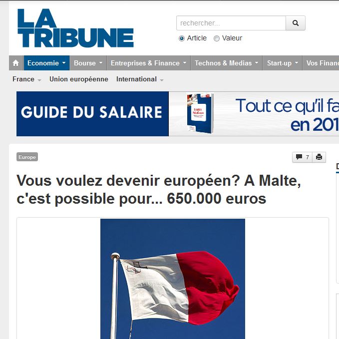 La Tribune/France: 'Want to become European? In Malta it can be done for 650,000 euros.'