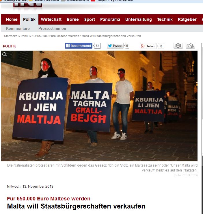 N-TV/Germany: 'Become a Maltese citizen for 650,000 euros - Malta will sell its citizenship'