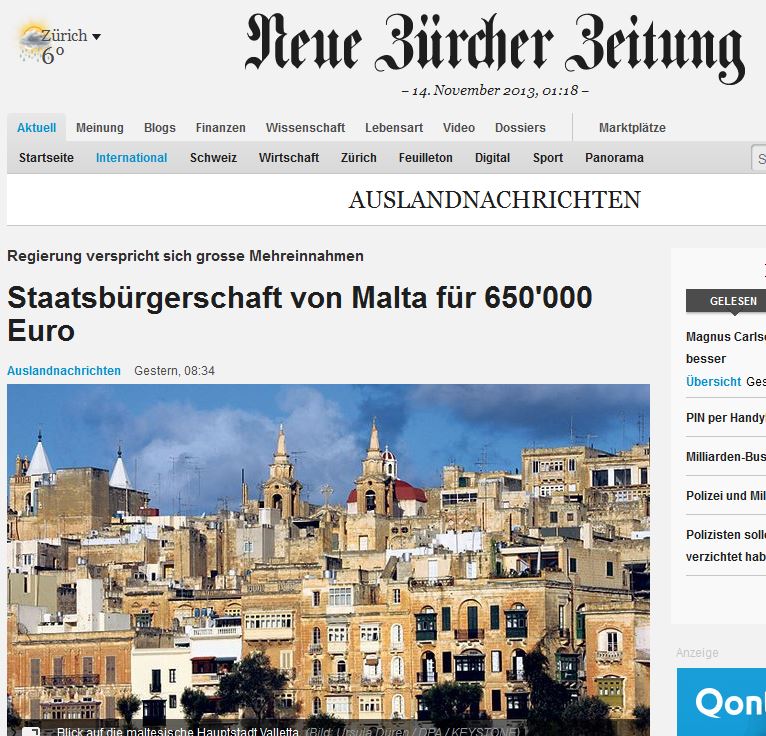 Neue Zuercher Zeitung/Switzerland: 'Maltese citizenship for 650,000 euros'