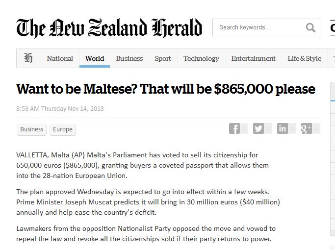 New Zealand Herald: "Want to be Maltese? That will be $865,000, please."
