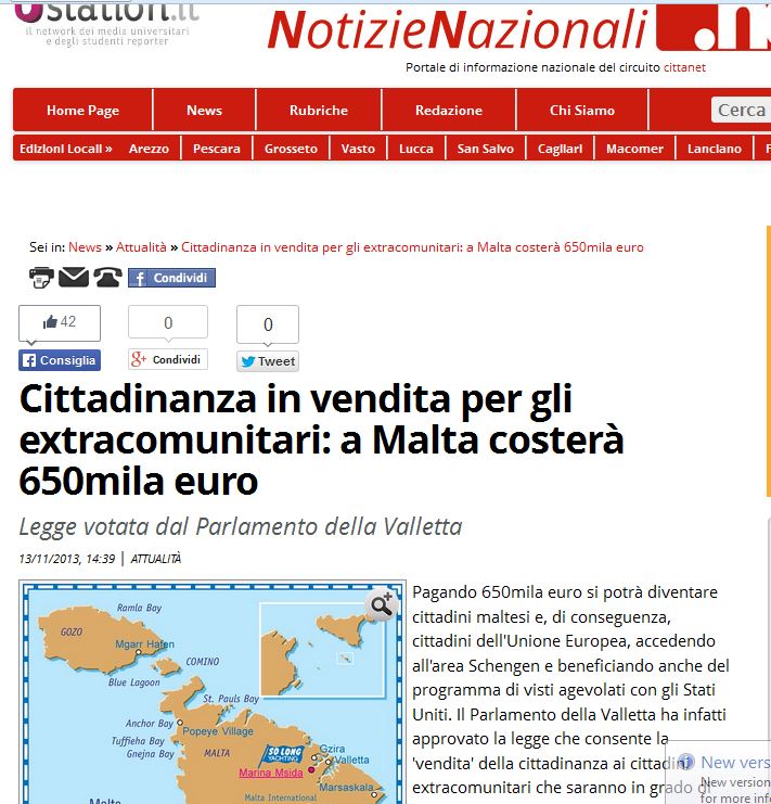 Notizie Nazionali/italy: 'Citizenship for sale to 'extracomunitari': in Malta it costs 650,000 euros'