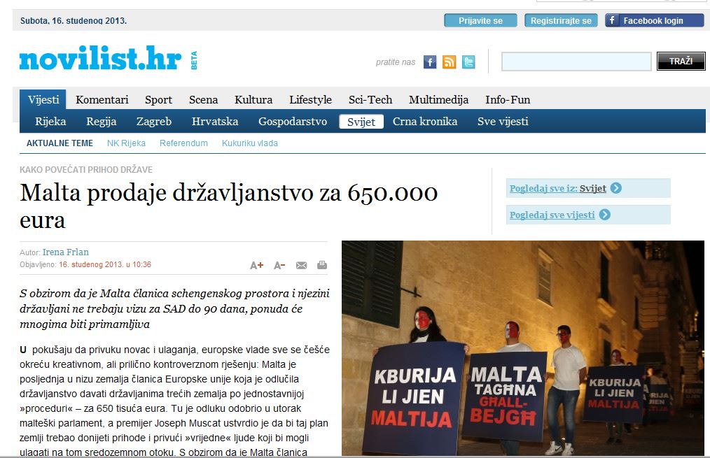 Novilist/Hungary: 'Malta sells citizenship for 650,000 euros - given that Malta is in the Schengen area and has visa-free travel to the United States for up to 90 days, this offer will be tempting to many'