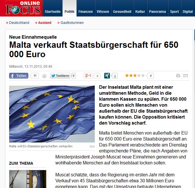 OnLine Focus/Germany: 'Malta sells its citizenship for 650,000 euros'