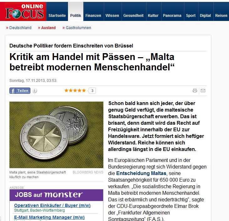 Online Focus/Germany: 'German politicians demand that Brussels intervenes in the sale of EU passports. "Malta has found a new way to traffic in human beings"'.