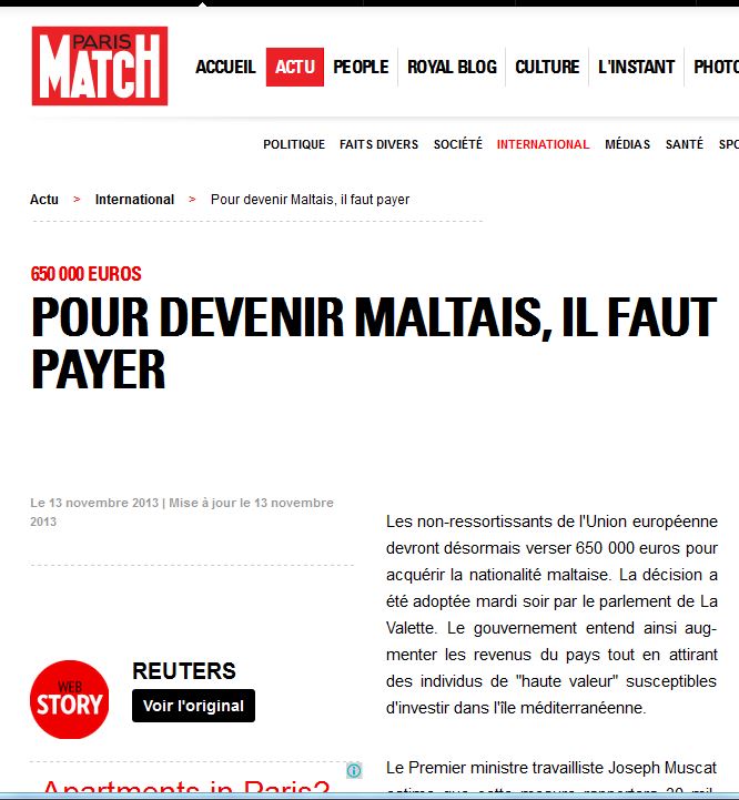 Paris Match/iconic French weekly magazine: 'To become Maltese you have to pay 650,000 euros'