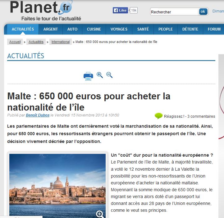 Planet/France: 'MALTA - 650,000 euros will buy you nationality of this island'. The text describes the scheme as being "a measure designed to support a struggling economy"