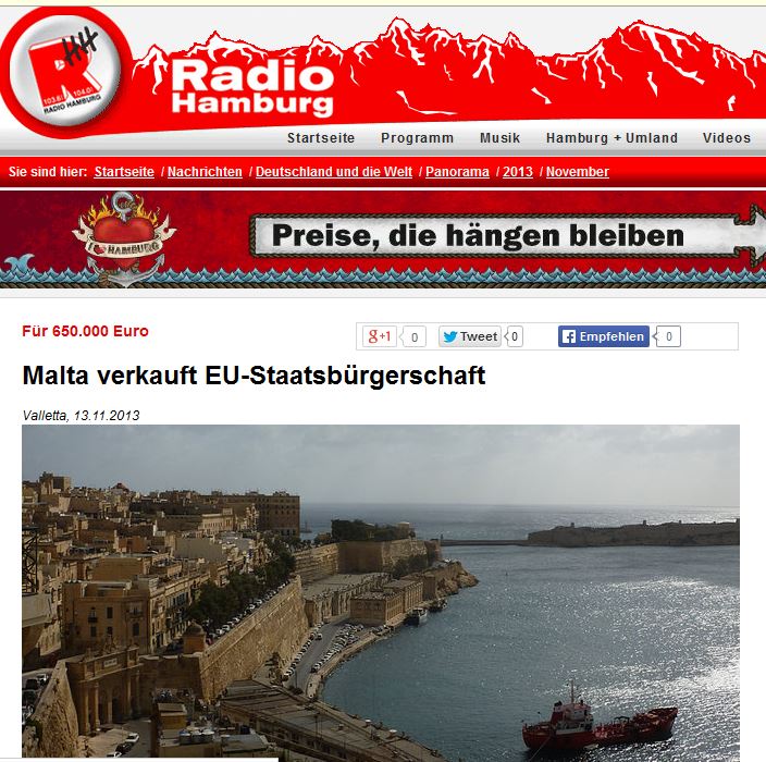 Radiio Hamburg/Germany: 'Malta sells EU citizenship'