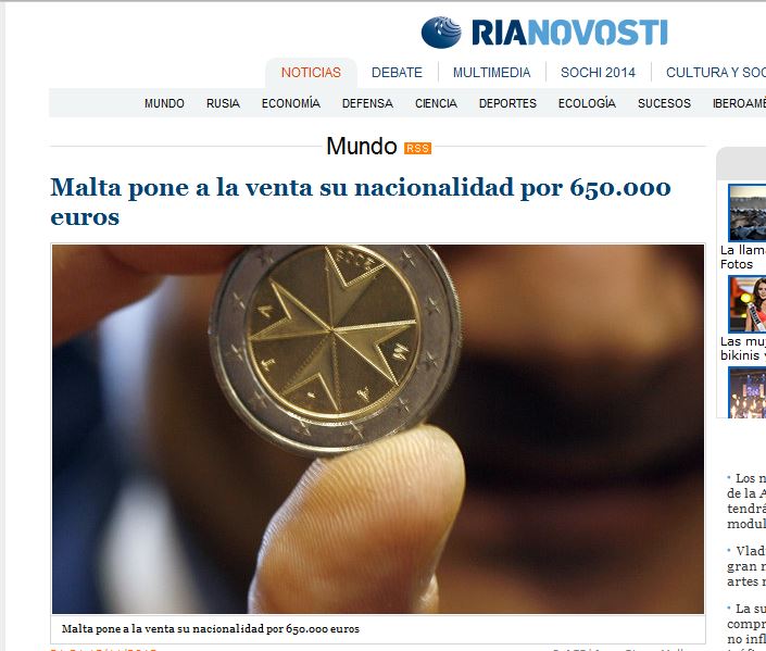 Ria Novosti - Spanish language edition/Russia: 'Malta puts its nationality up for sale for 650,000 euros'