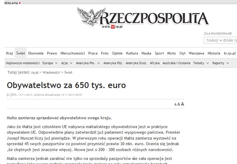 Rzeczpospolita/Poland: “Malta Citizenship on sale for 650 thousand euros”